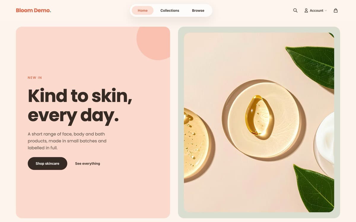 A pastel skincare storefront on the Bloom theme