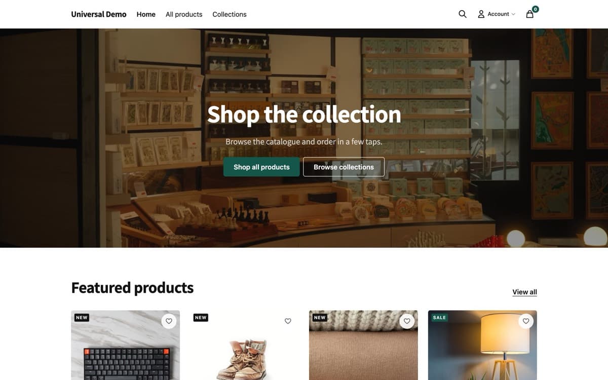 A general goods storefront on the Universal theme, showing a hero image and a product grid