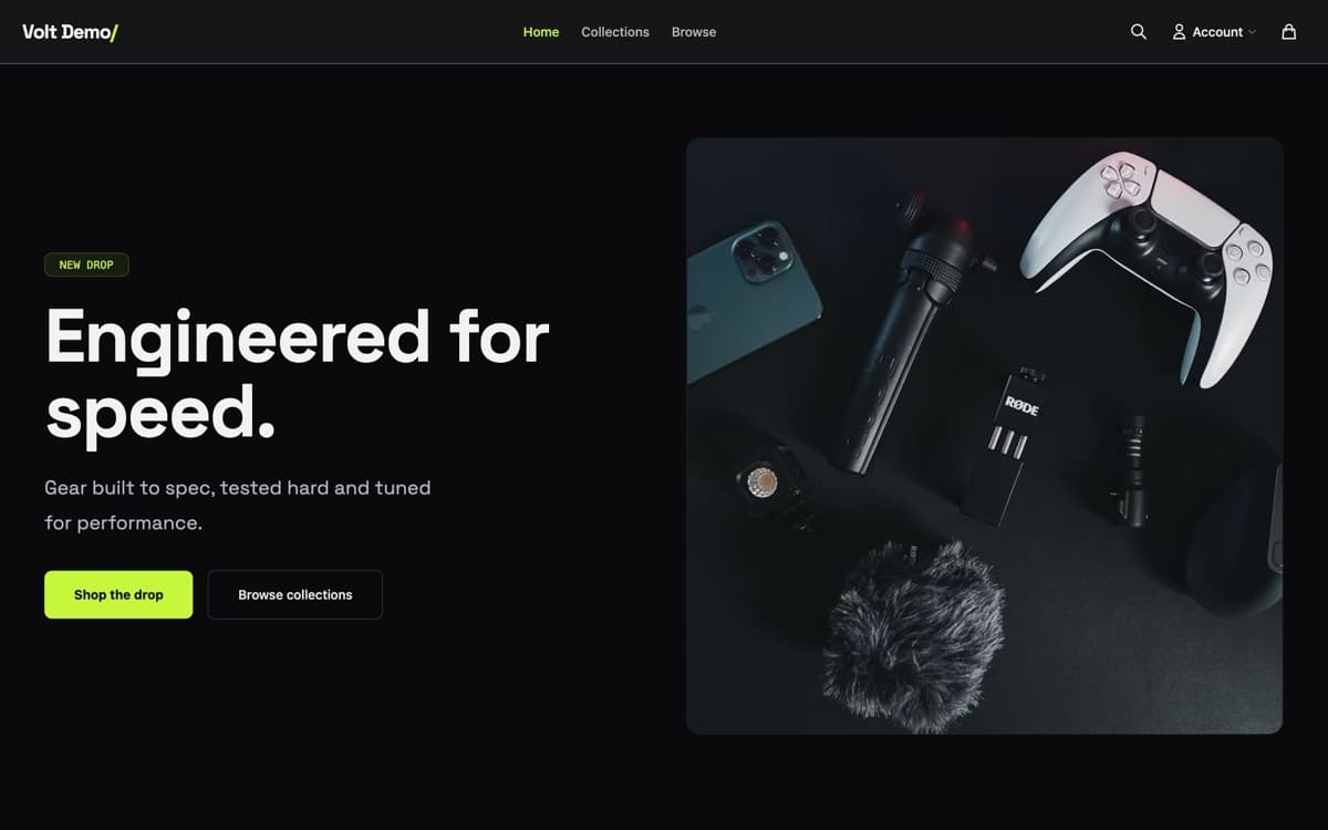 A dark electronics storefront on the Volt theme