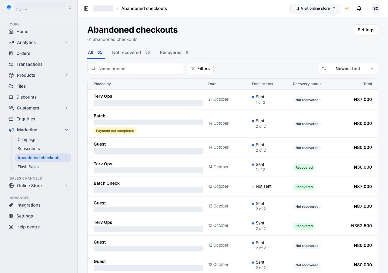Abandoned checkouts: All, Not recovered and Recovered, and each checkout's email and recovery status