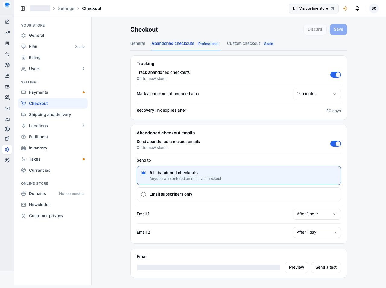 Settings, Checkout, Abandoned checkouts: tracking, the emails and the email itself