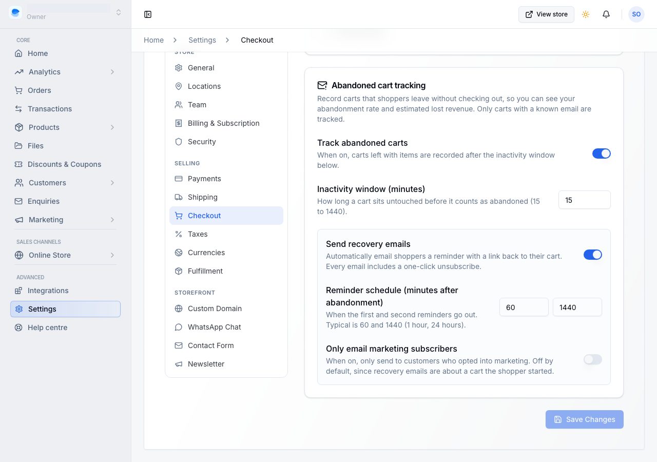 The abandoned cart settings: tracking, the window, reminders and their schedule