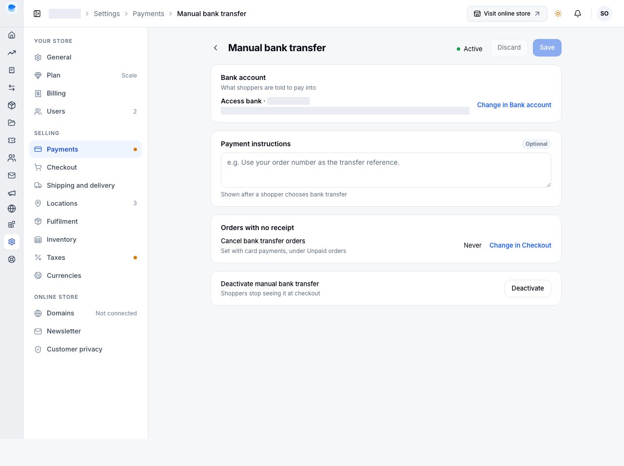Manual bank transfer's own page
