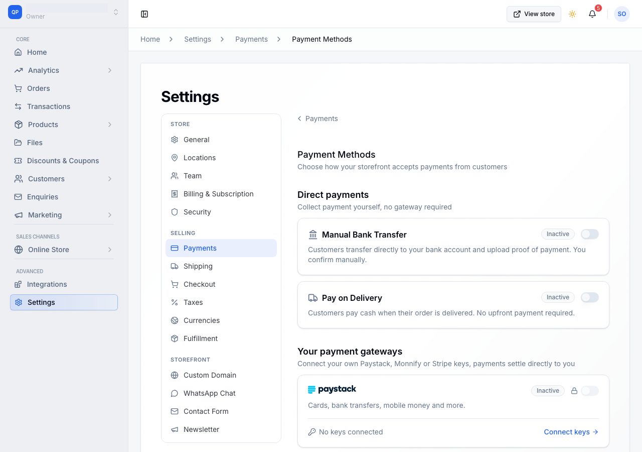 Payment Methods, with Manual Bank Transfer and Pay on Delivery under Direct payments