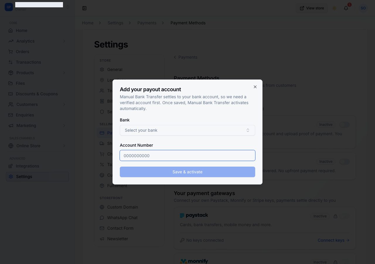 Add your payout account: bank, account number, Save and activate