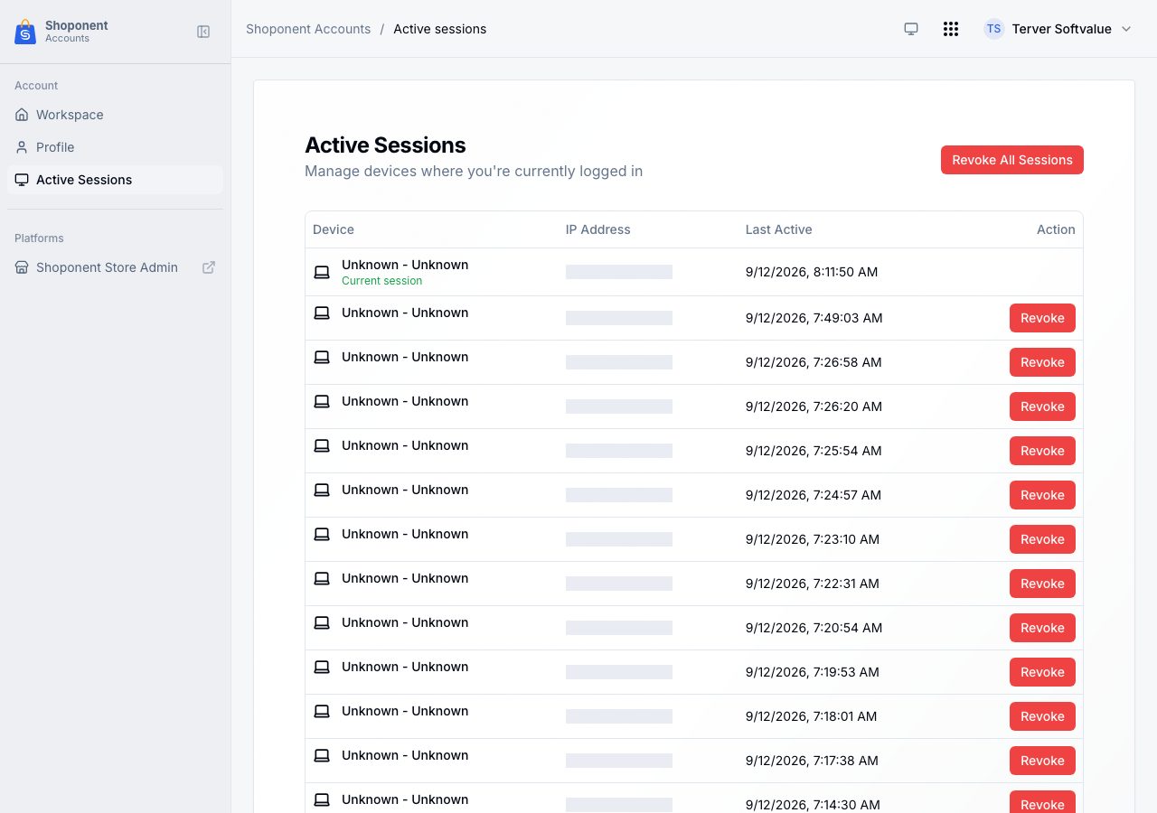 Active Sessions, with the current session marked