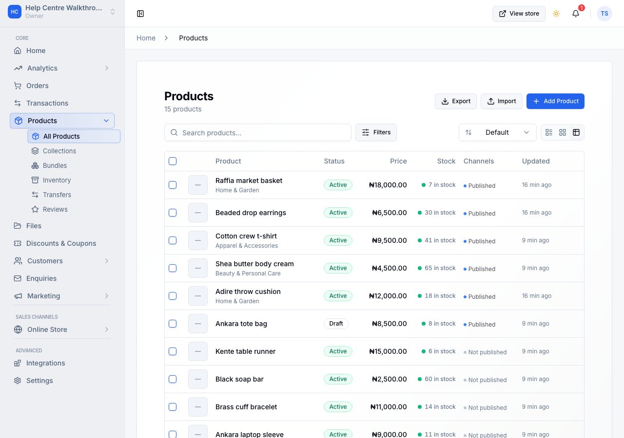 The Products page