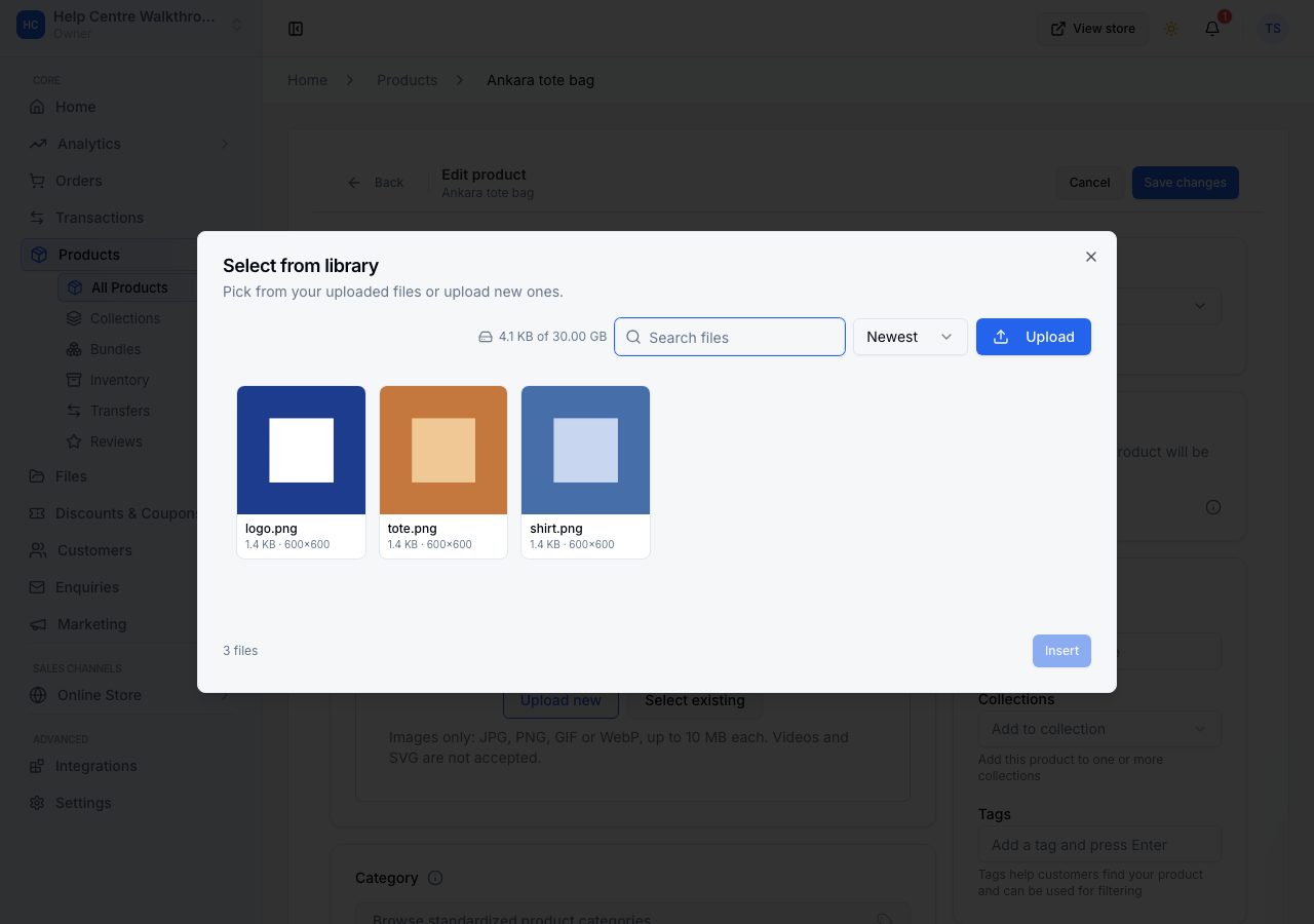 Choosing an image from the library