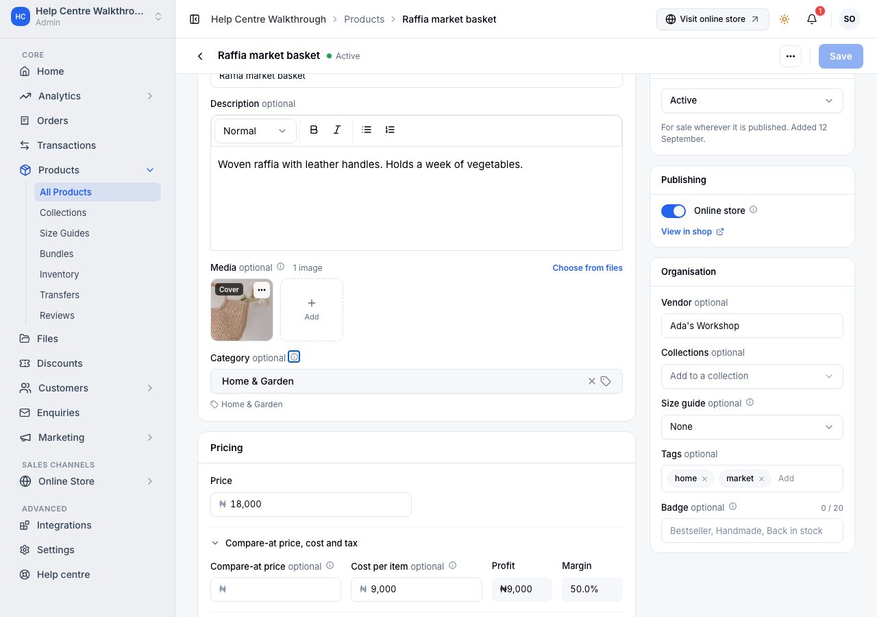 Status, the online store and the organisation column