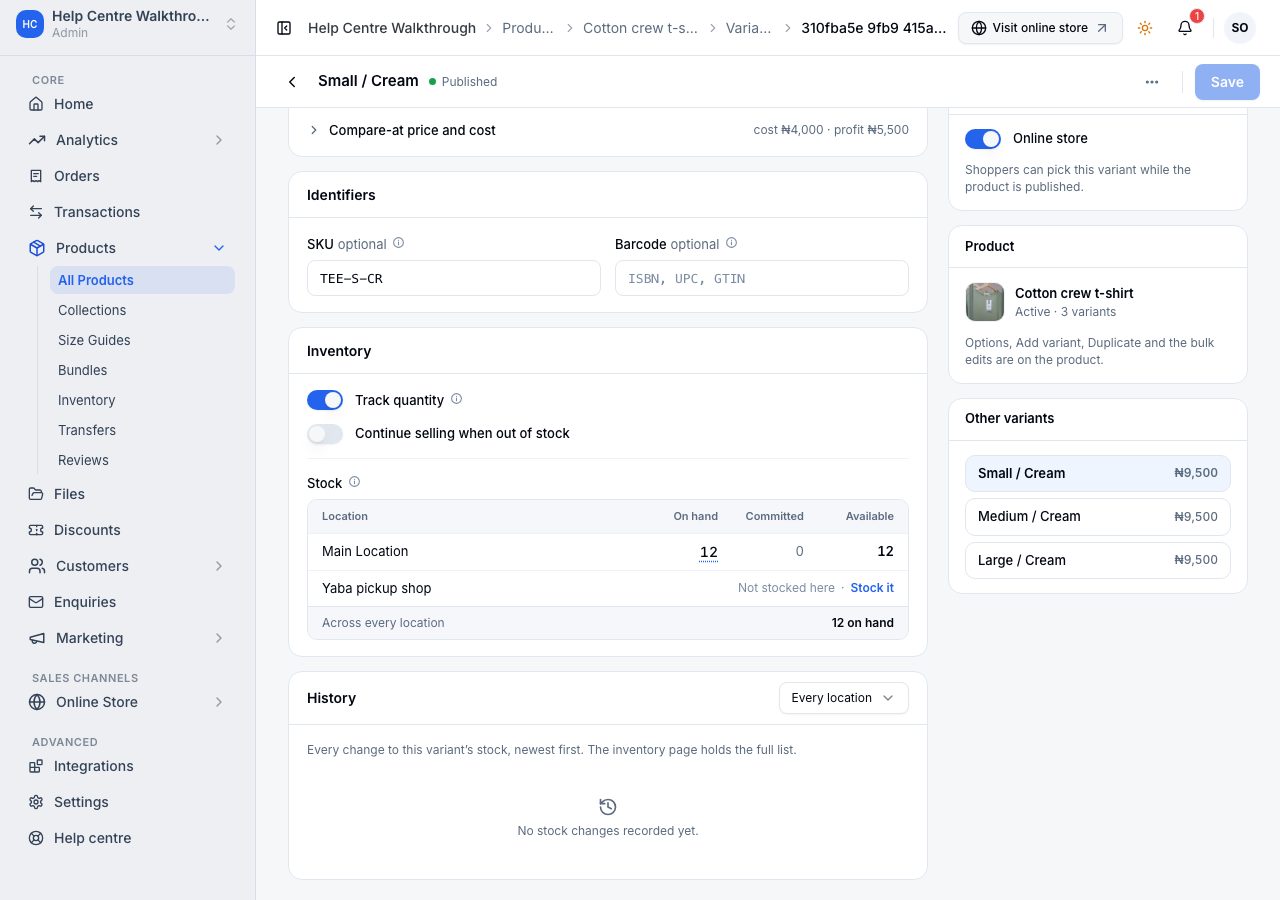 A variant's own page