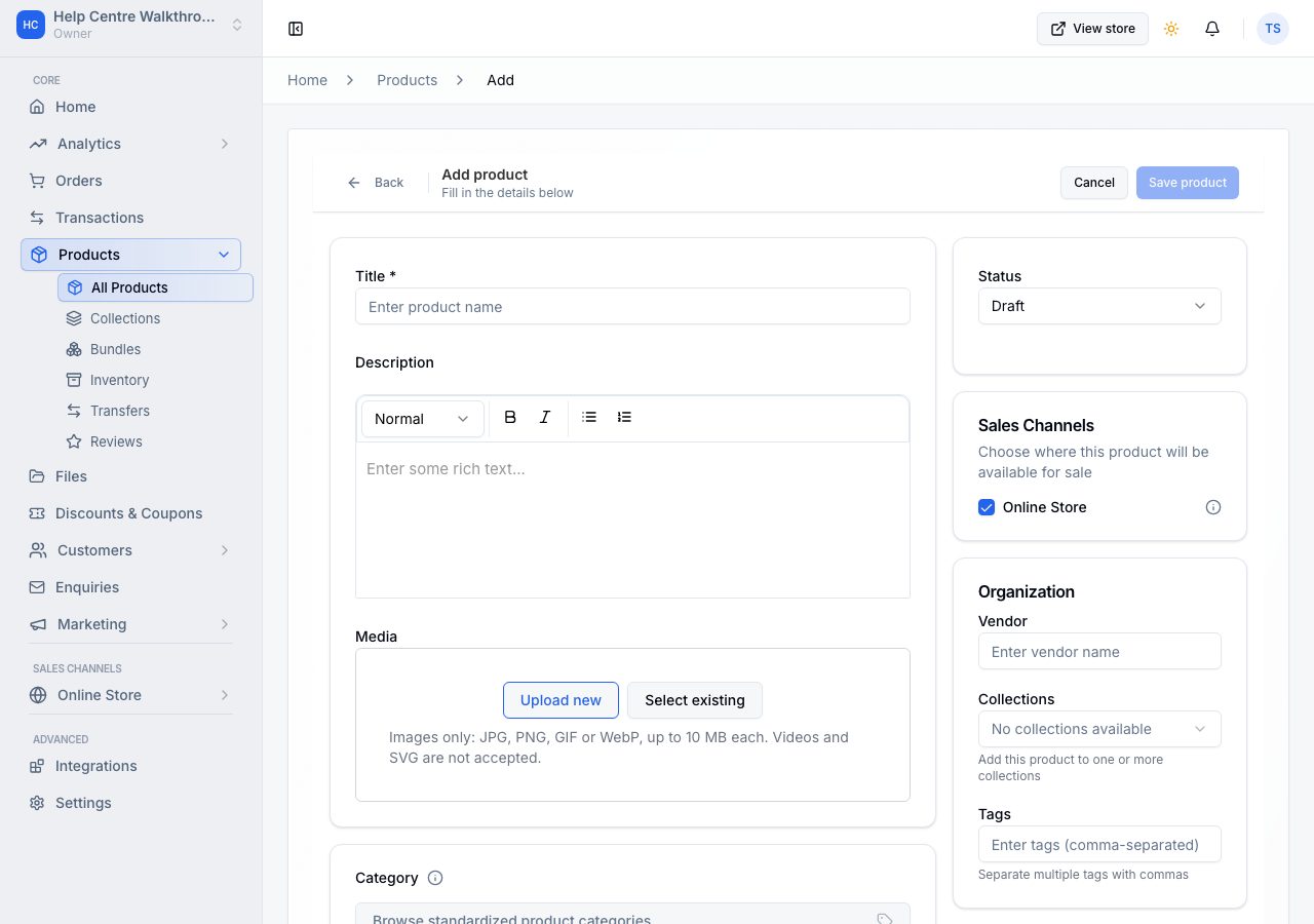 The Add product form: Title, Description and Media