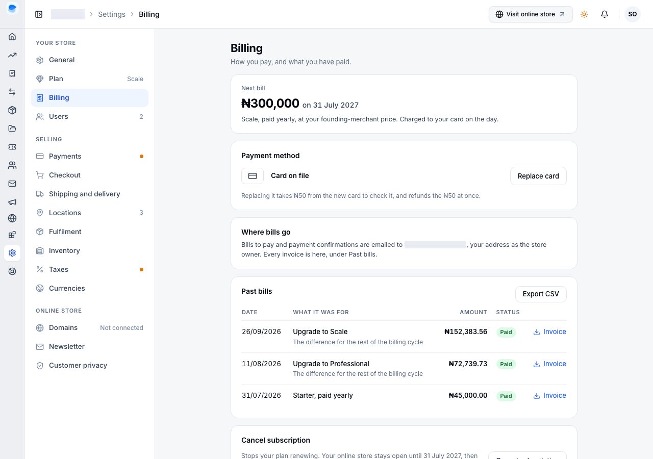 Settings, Billing, with the next bill and past bills