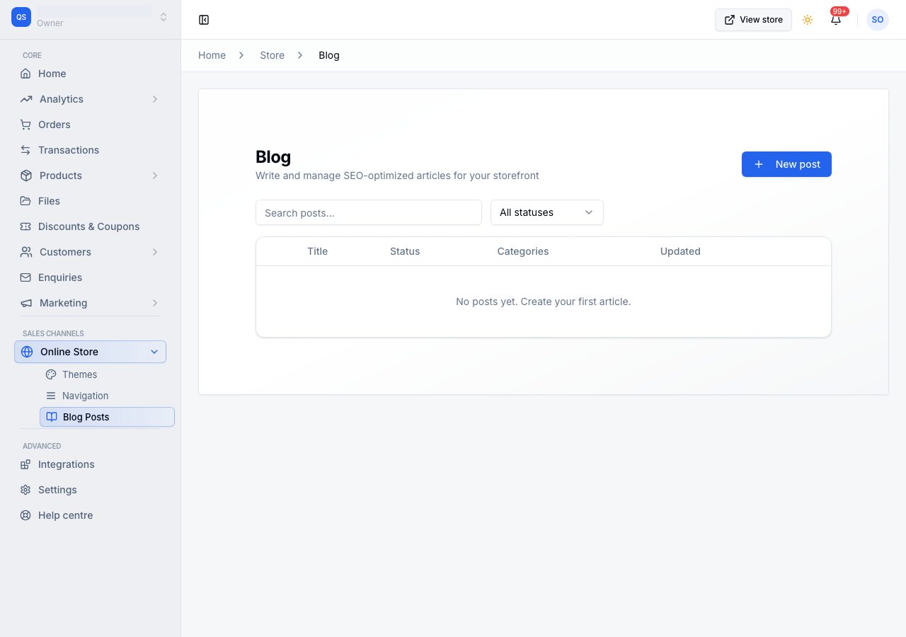 The blog list, before anything has been written