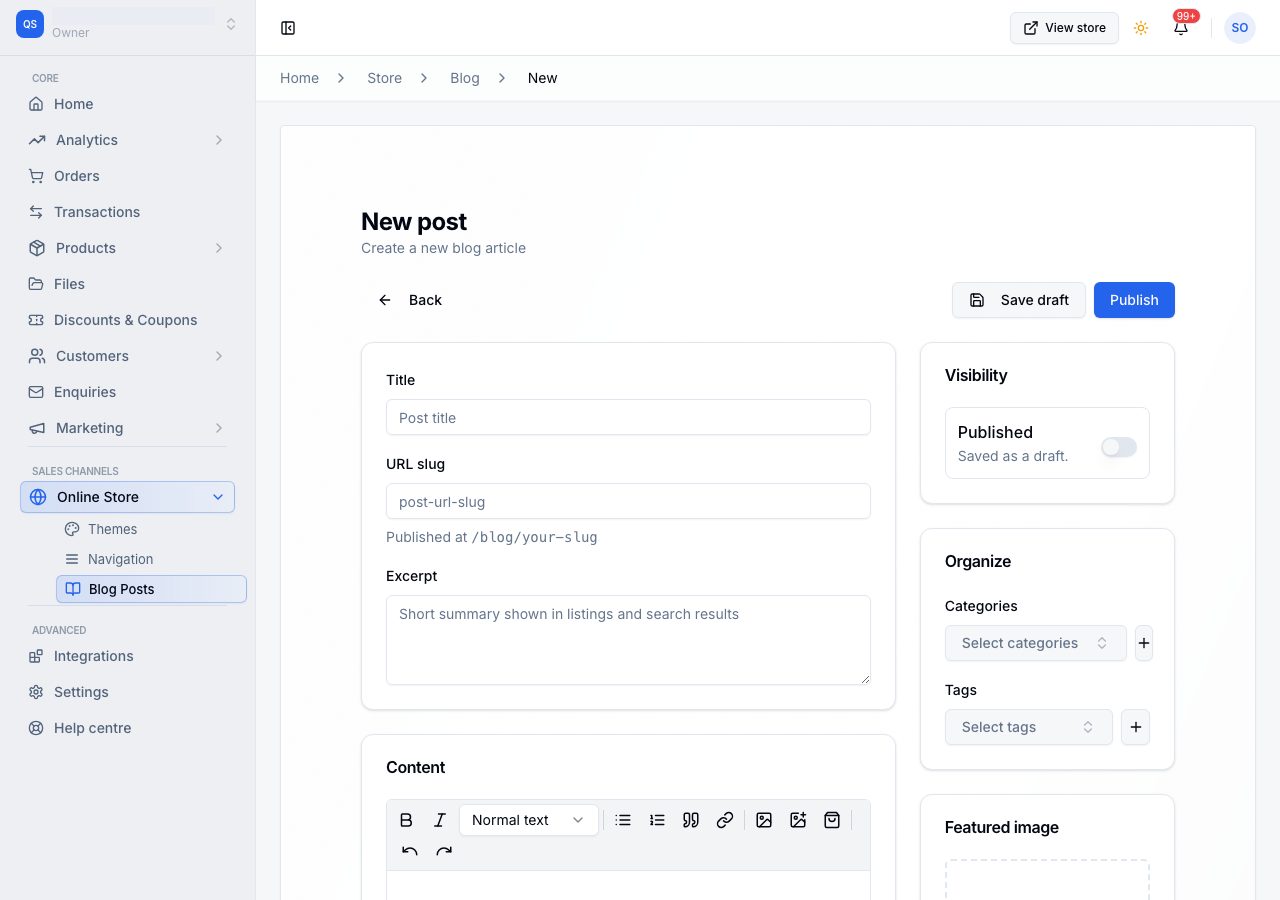The post editor: title, address, excerpt and content