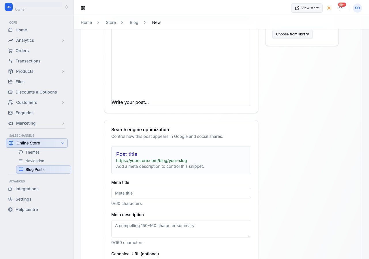 The search engine section of the post editor