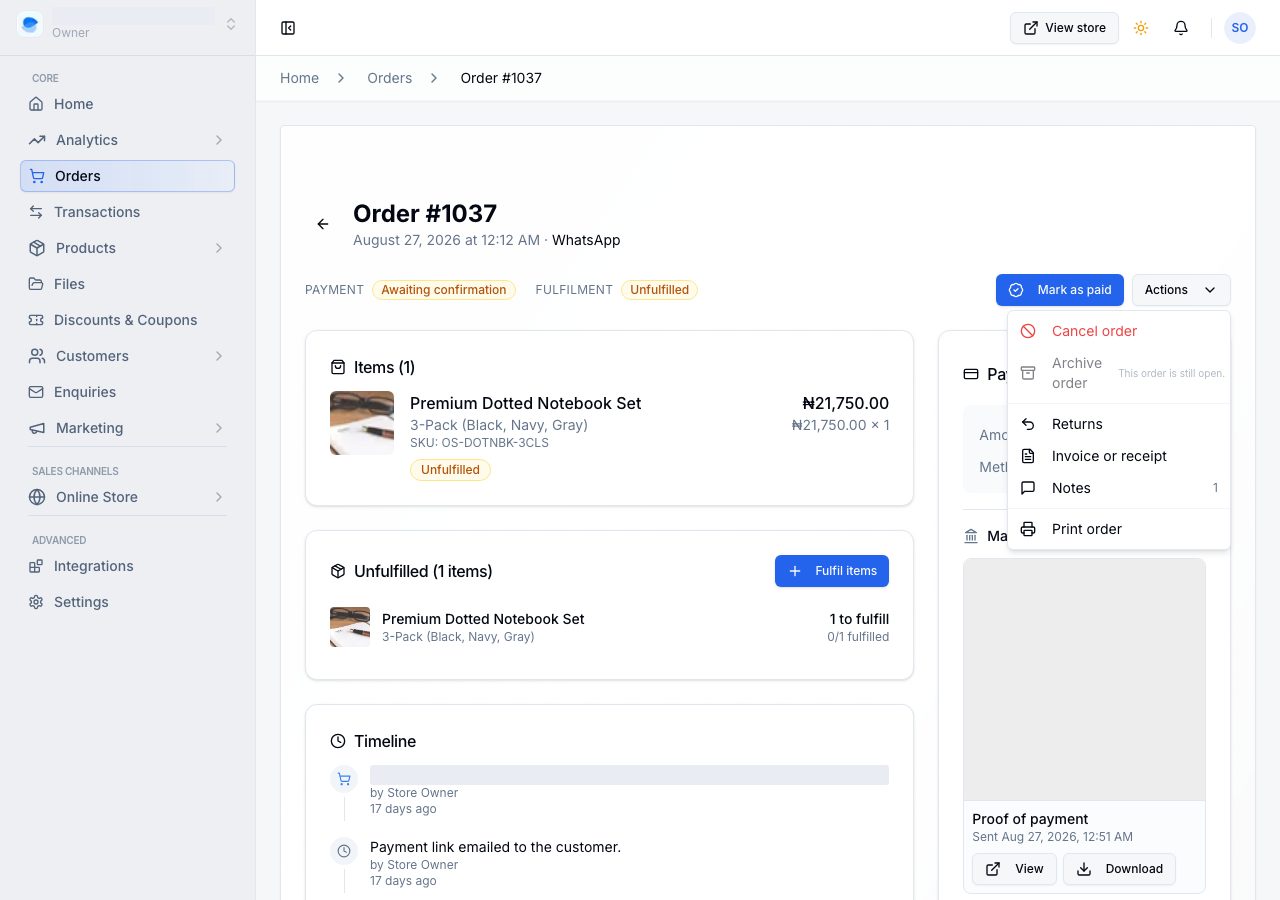 The Actions menu on an order, with Cancel order at the top
