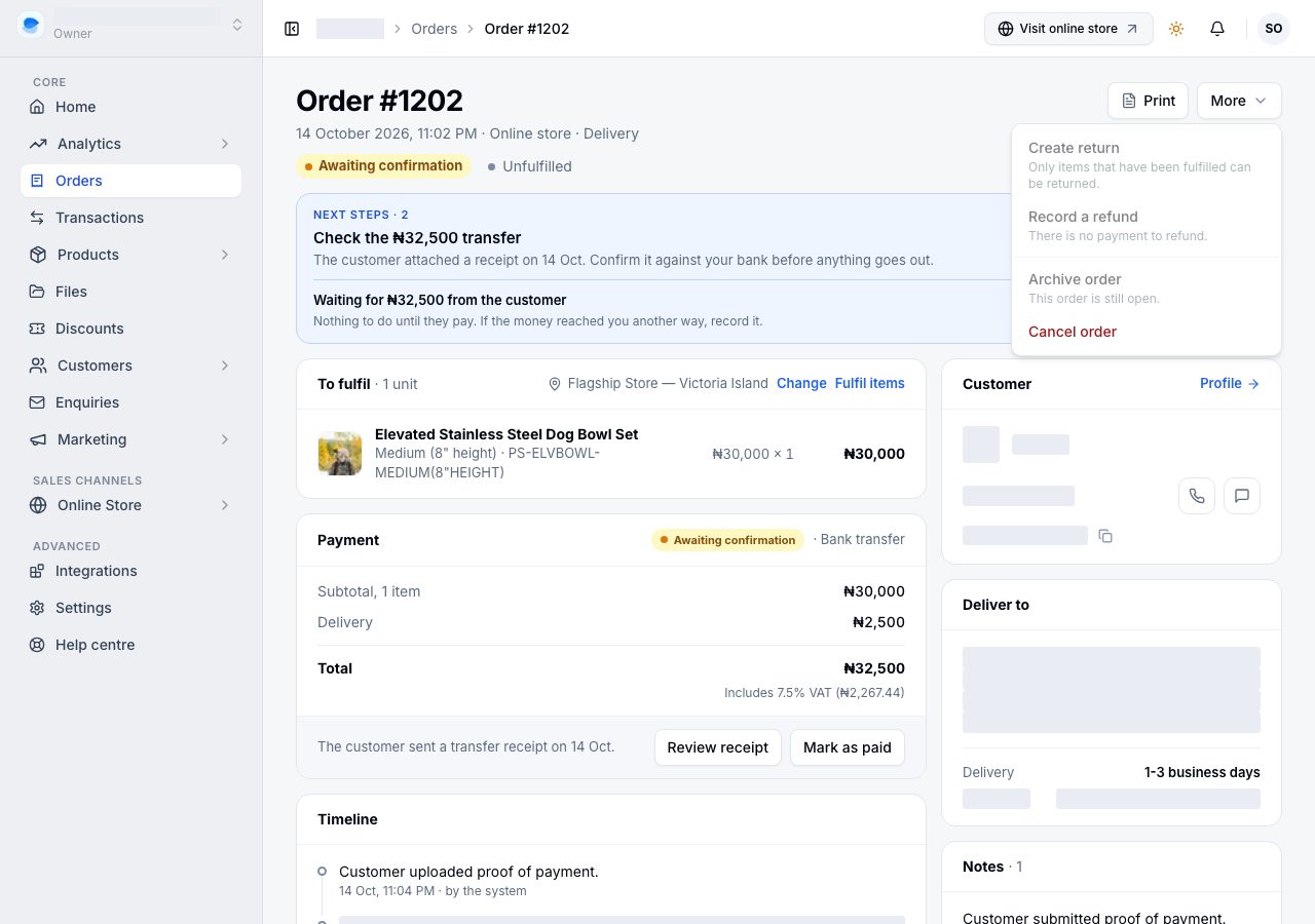 The More menu on an order, with Cancel order at the bottom