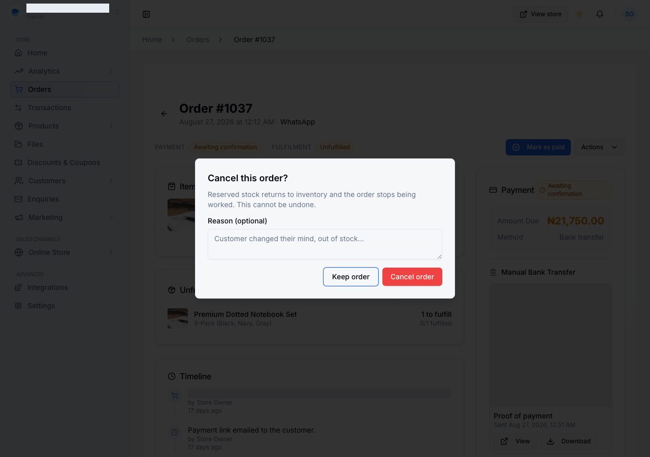 The cancel confirmation, with an optional reason