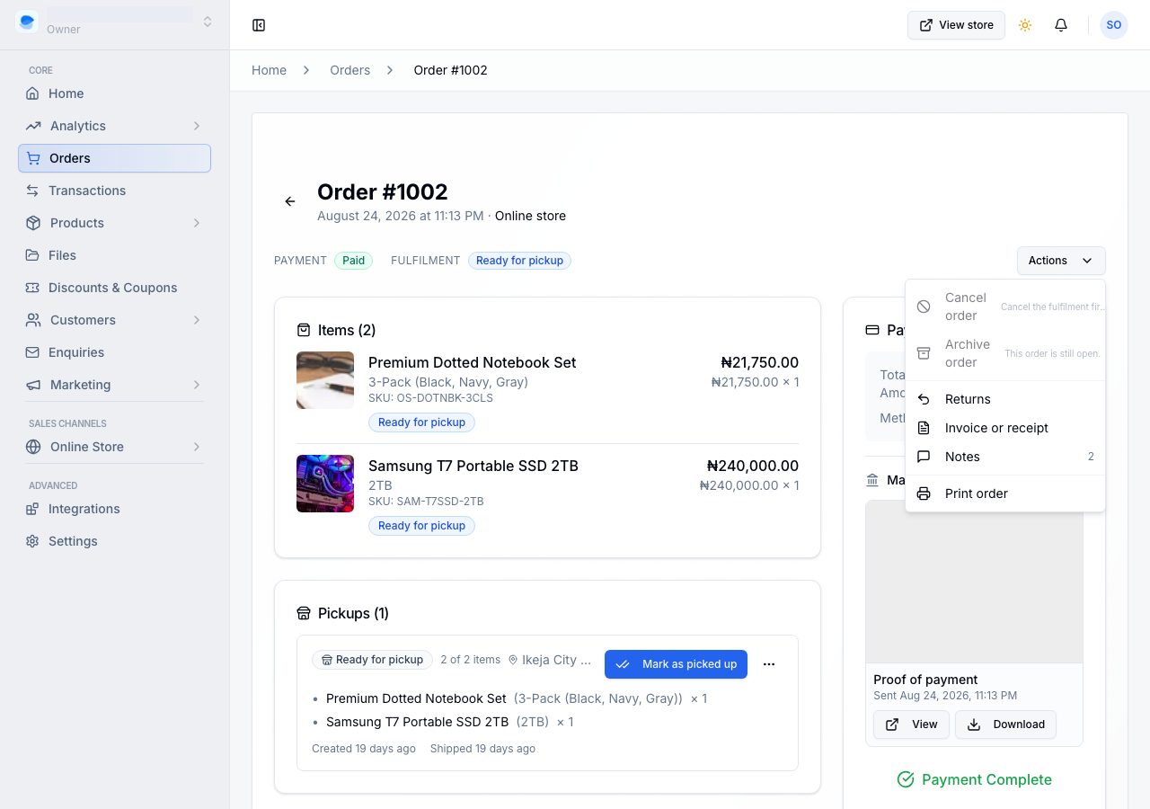 The Actions menu on an order whose goods have gone, with the reason beside Cancel order