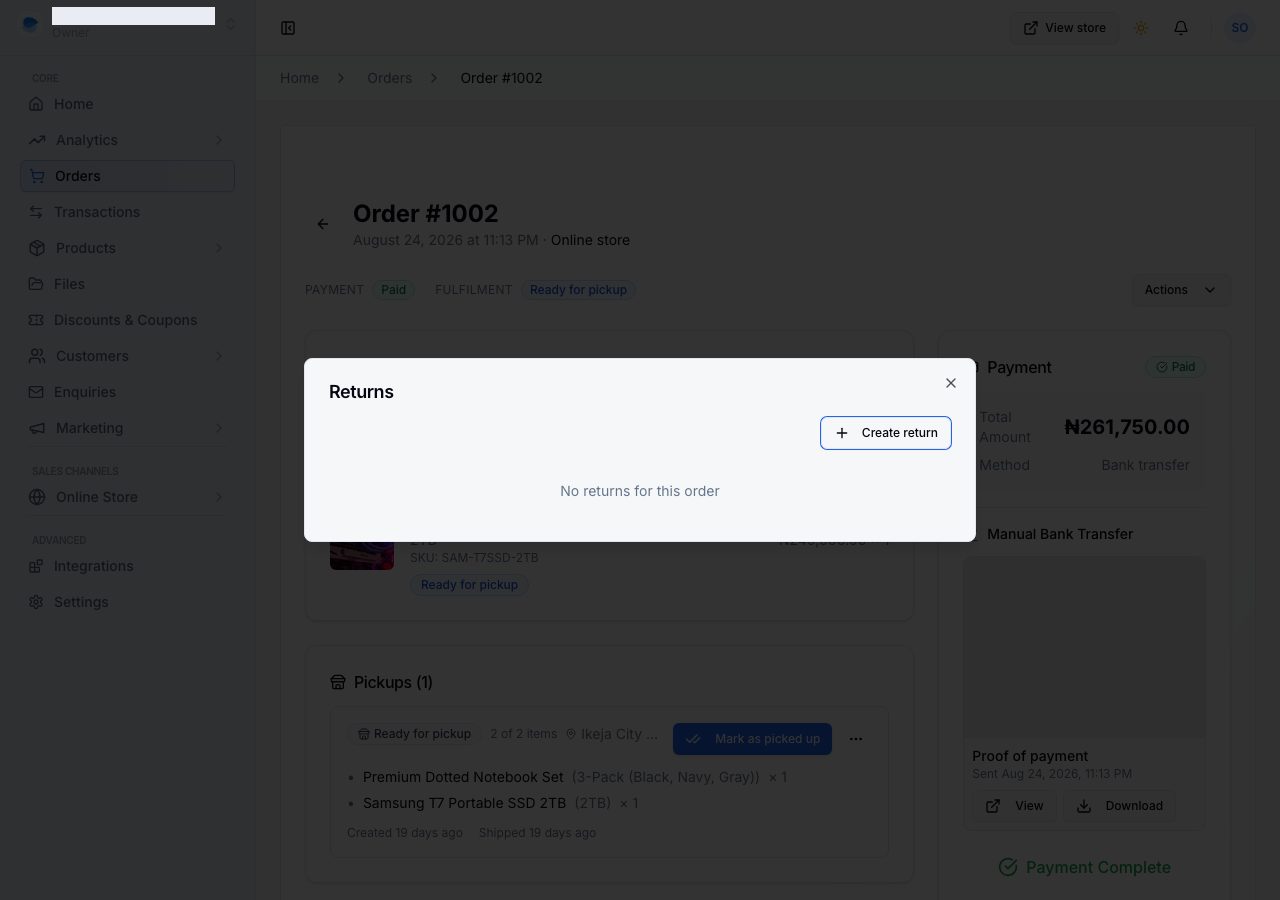 The Returns panel on an order, with Create return