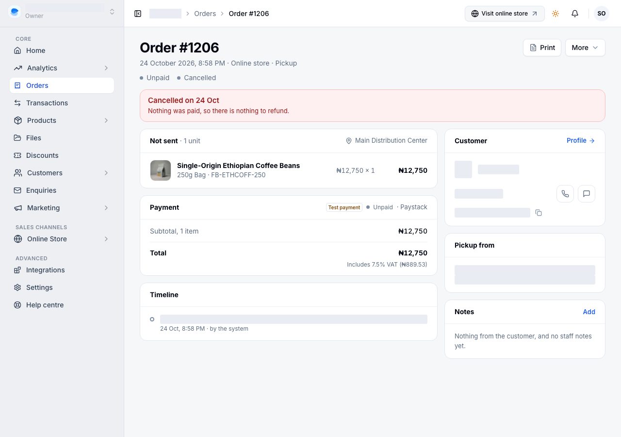 A cancelled order, with its refund recorded