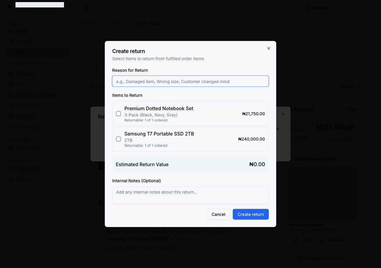 The Create return dialog, with the returnable items and an estimated value