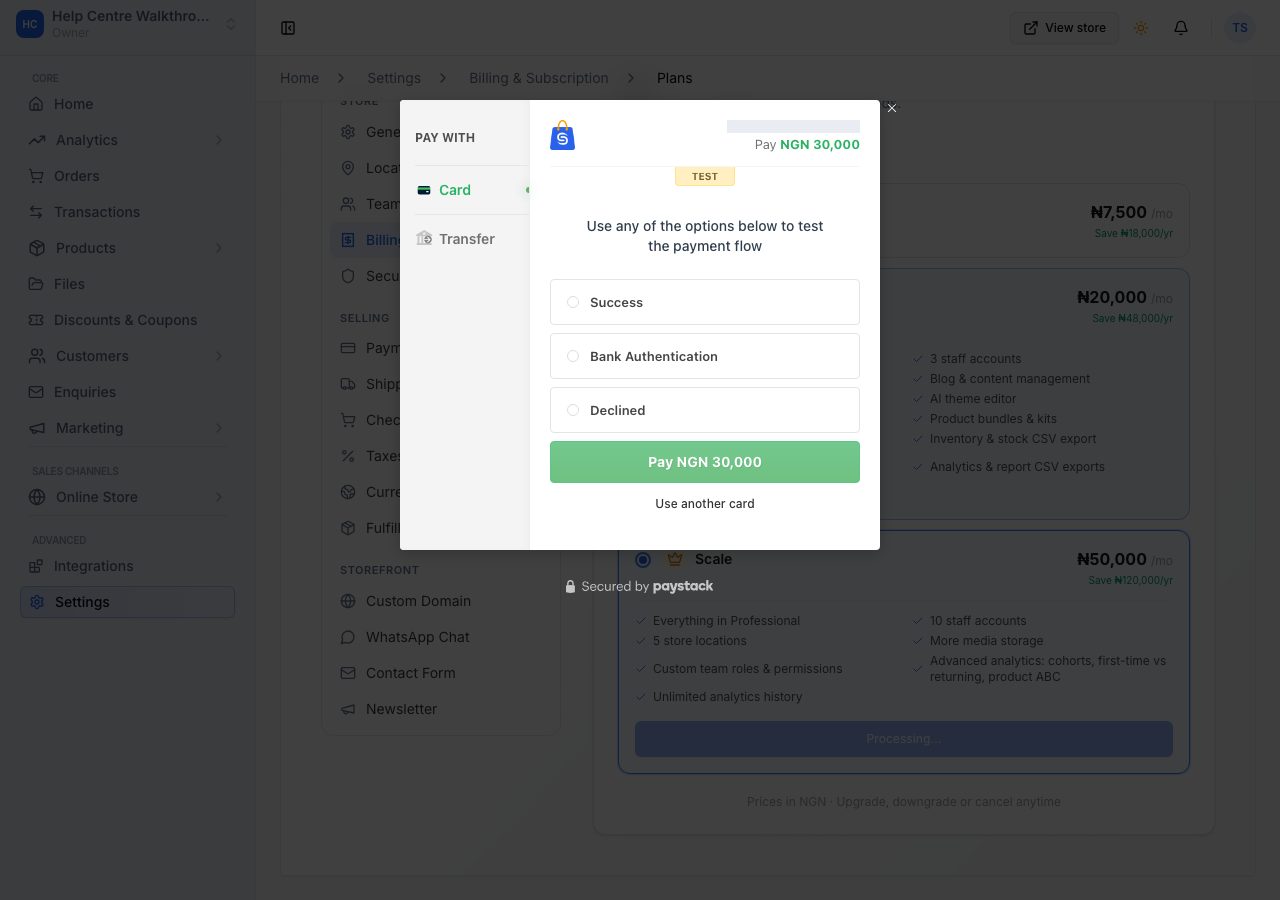 The payment window an upgrade opens