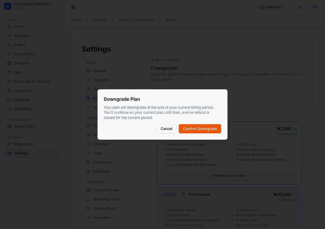The downgrade dialog