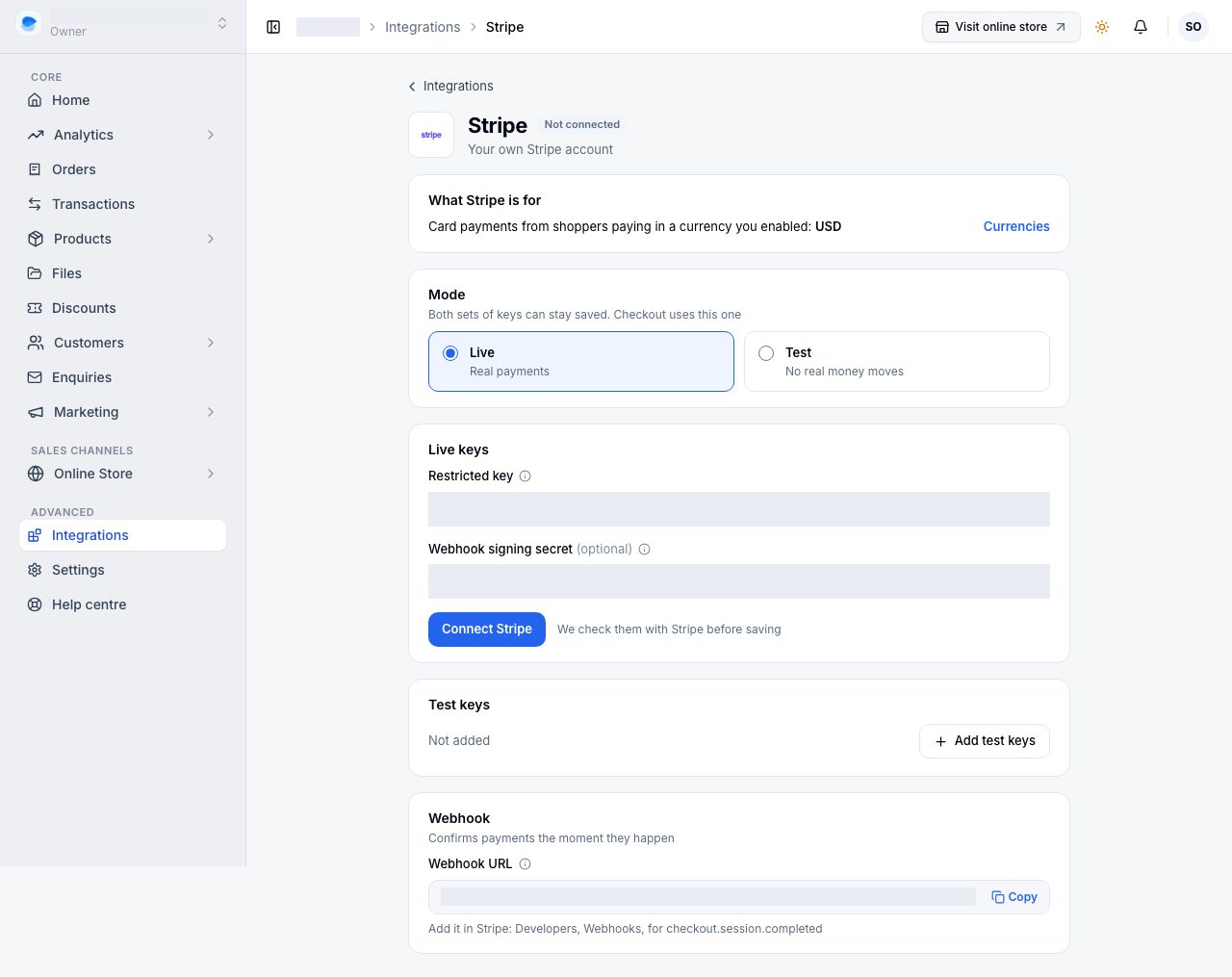 Stripe in Integrations, not connected yet