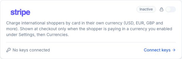 The Stripe card, inactive, with No keys connected and Connect keys