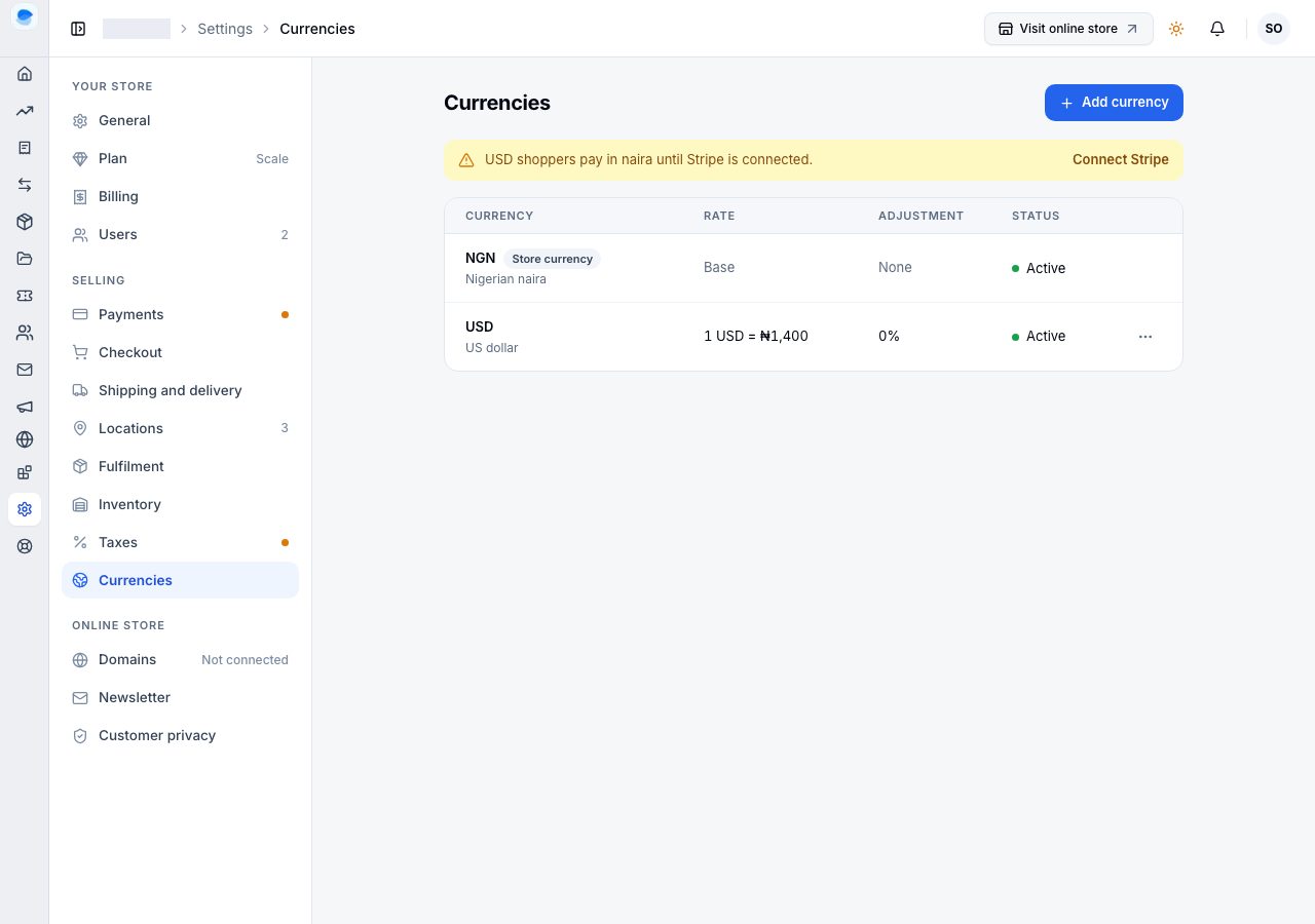 Settings, Currencies