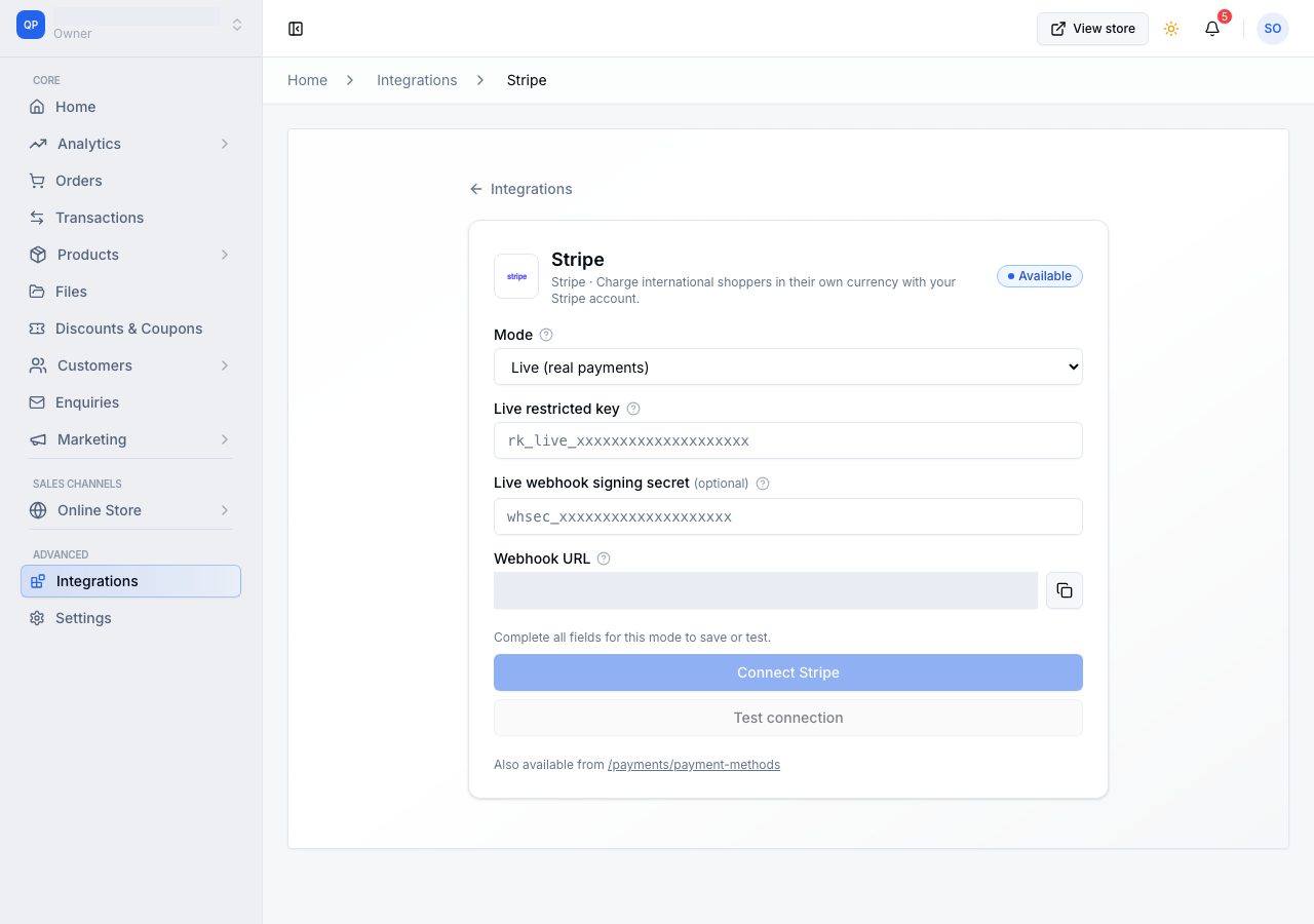 The Stripe setup page: Mode, Live restricted key, an optional webhook signing secret and the Webhook URL