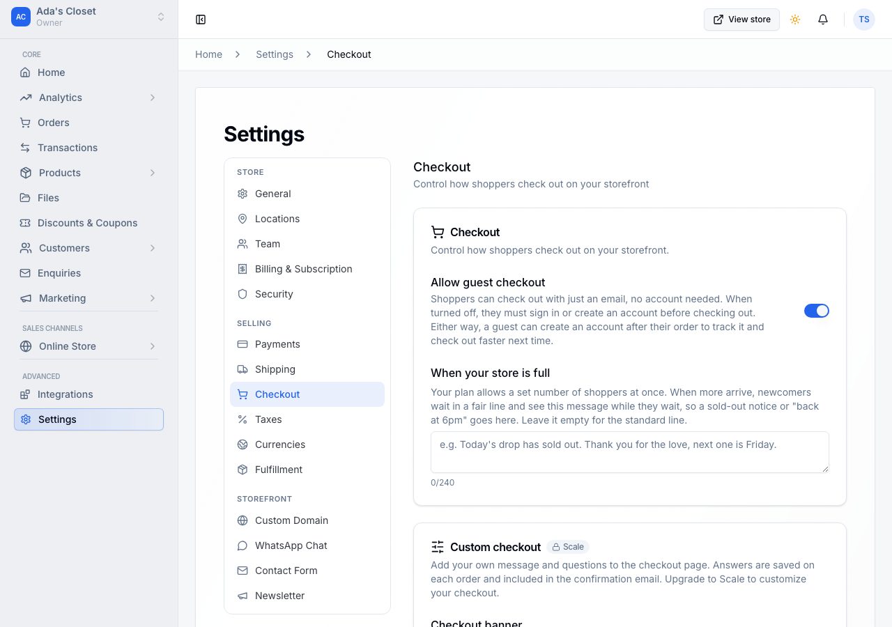 Settings, Checkout, with guest checkout on