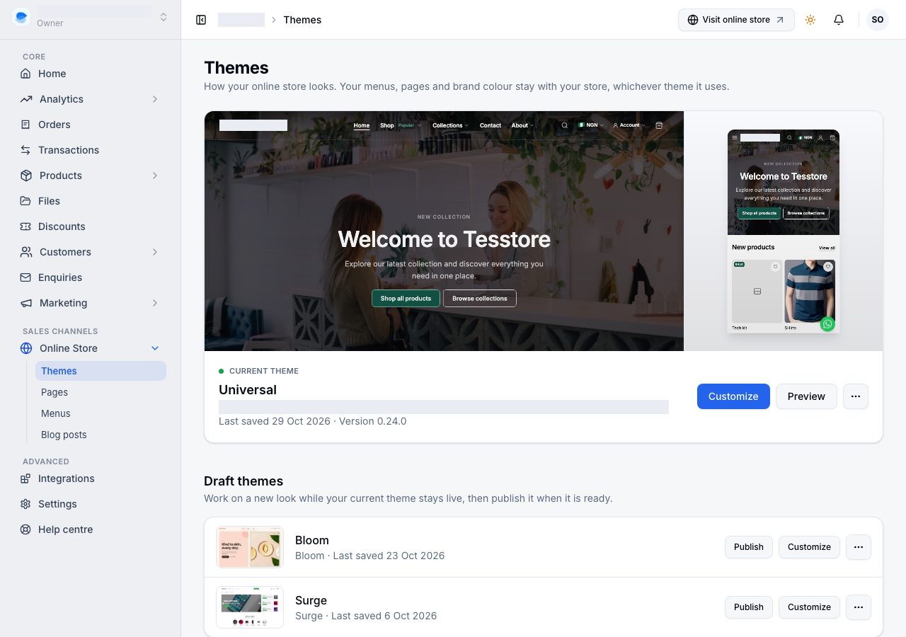 The Themes page: the current theme at the top, Draft themes below it