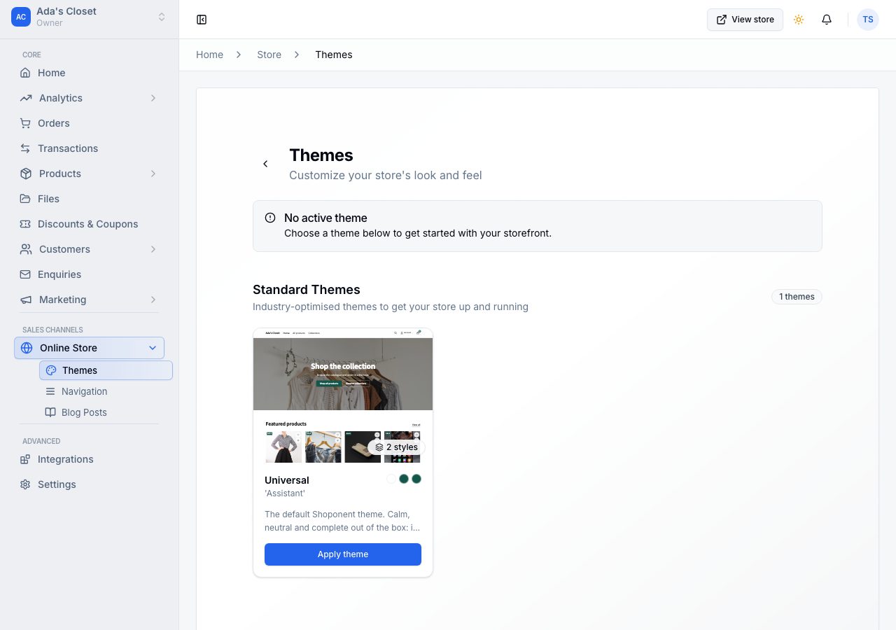 The Themes page with no active theme and one theme available