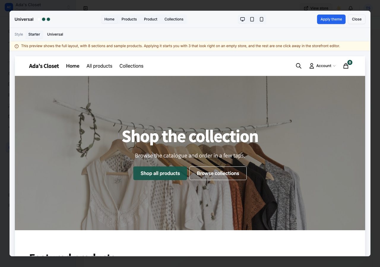 Previewing a theme: the storefront home page inside the preview dialog