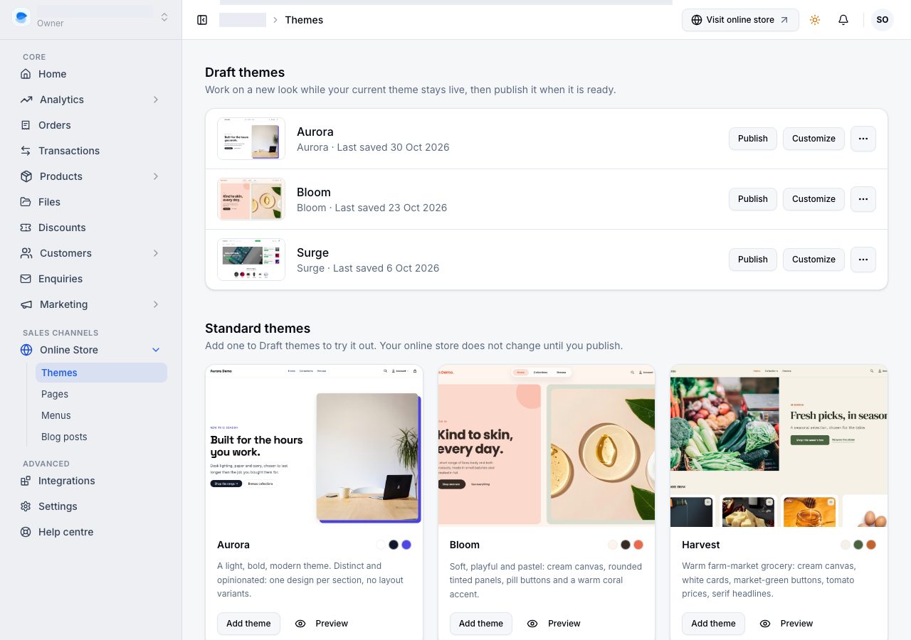 Draft themes, each with its picture, Publish, Customize and a menu