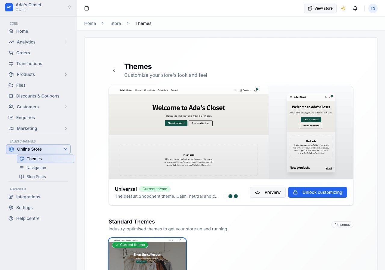 The Themes page with the applied theme at the top, marked Current theme