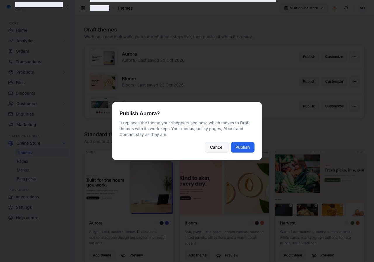 The publish confirmation: the draft theme replaces the current one, which moves to Draft themes