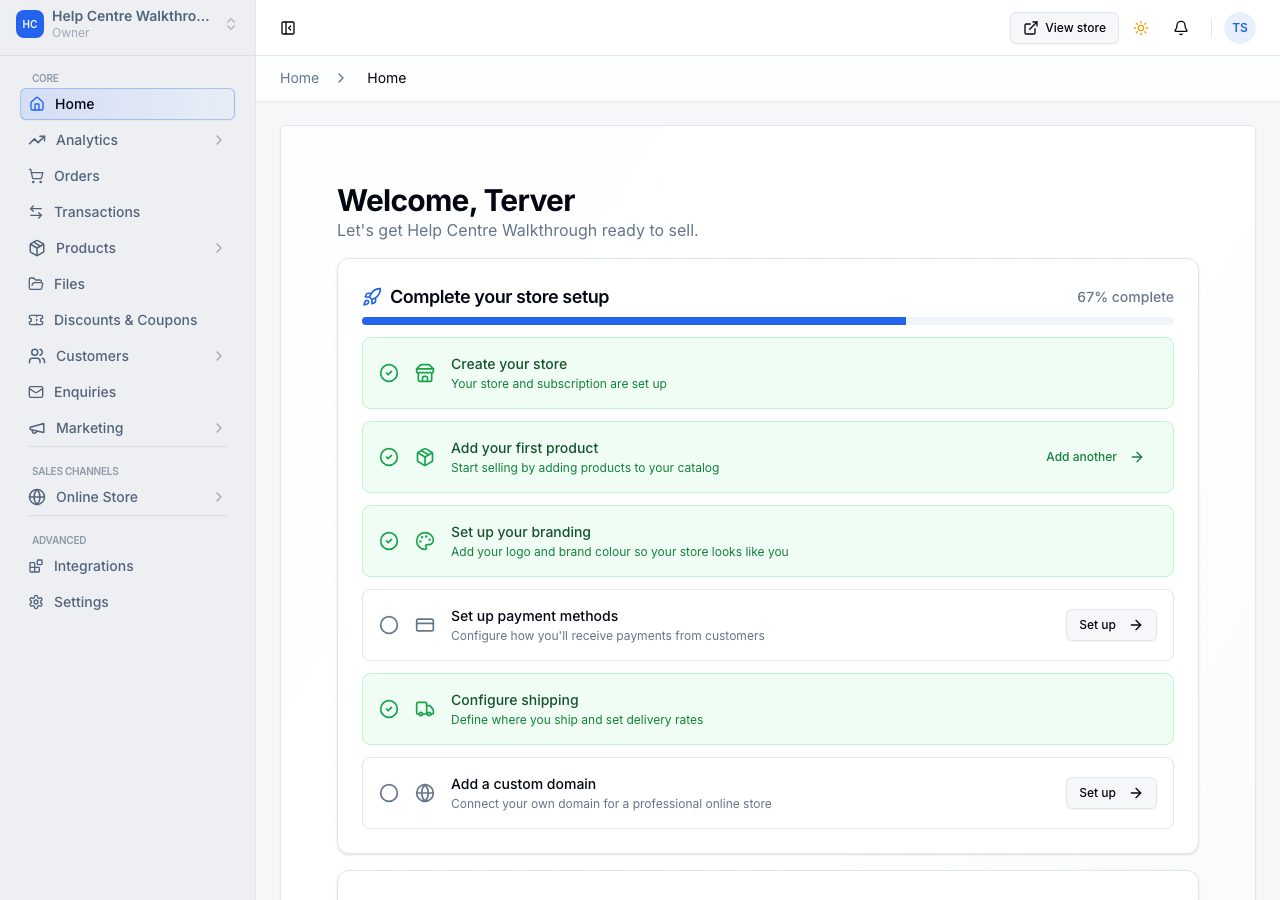 Home with Configure shipping ticked