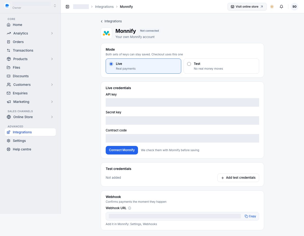 Monnify in Integrations, not connected yet