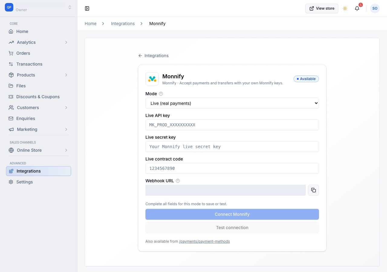 The Monnify setup page: Mode, Live API key, Live secret key, Live contract code and Webhook URL