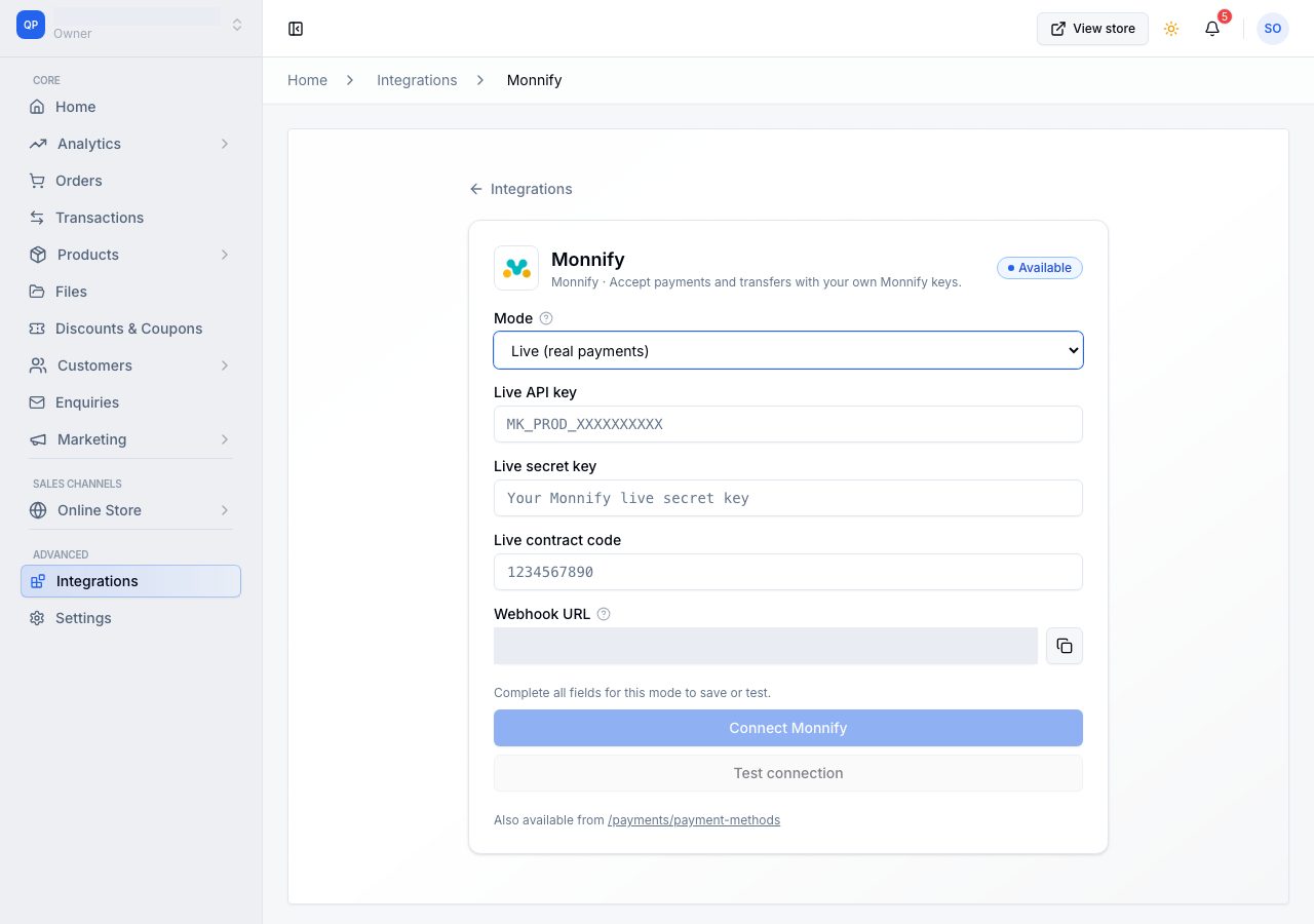 Mode open, showing Live real payments and Test sandbox no real money