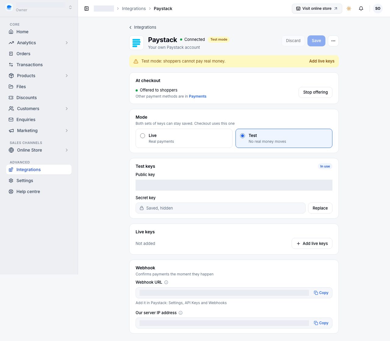 Paystack in Integrations, connected on test keys