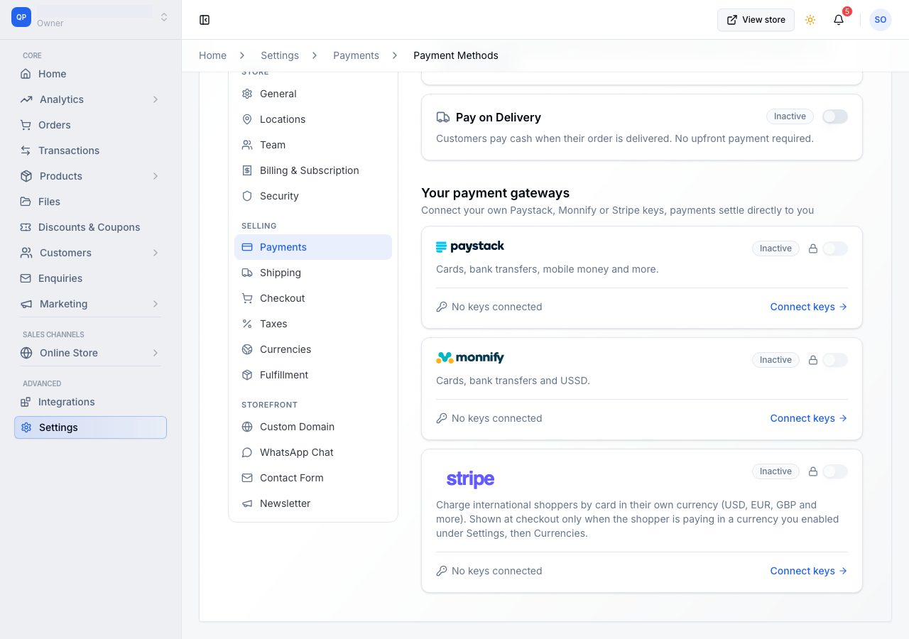Your payment gateways: Paystack, Monnify and Stripe, each with Connect keys