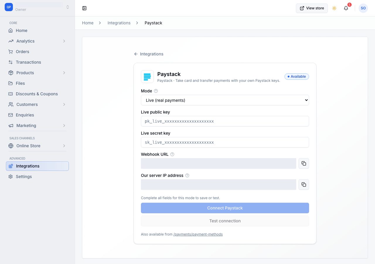 The Paystack setup page: Mode, Live public key, Live secret key, Webhook URL and our server IP address