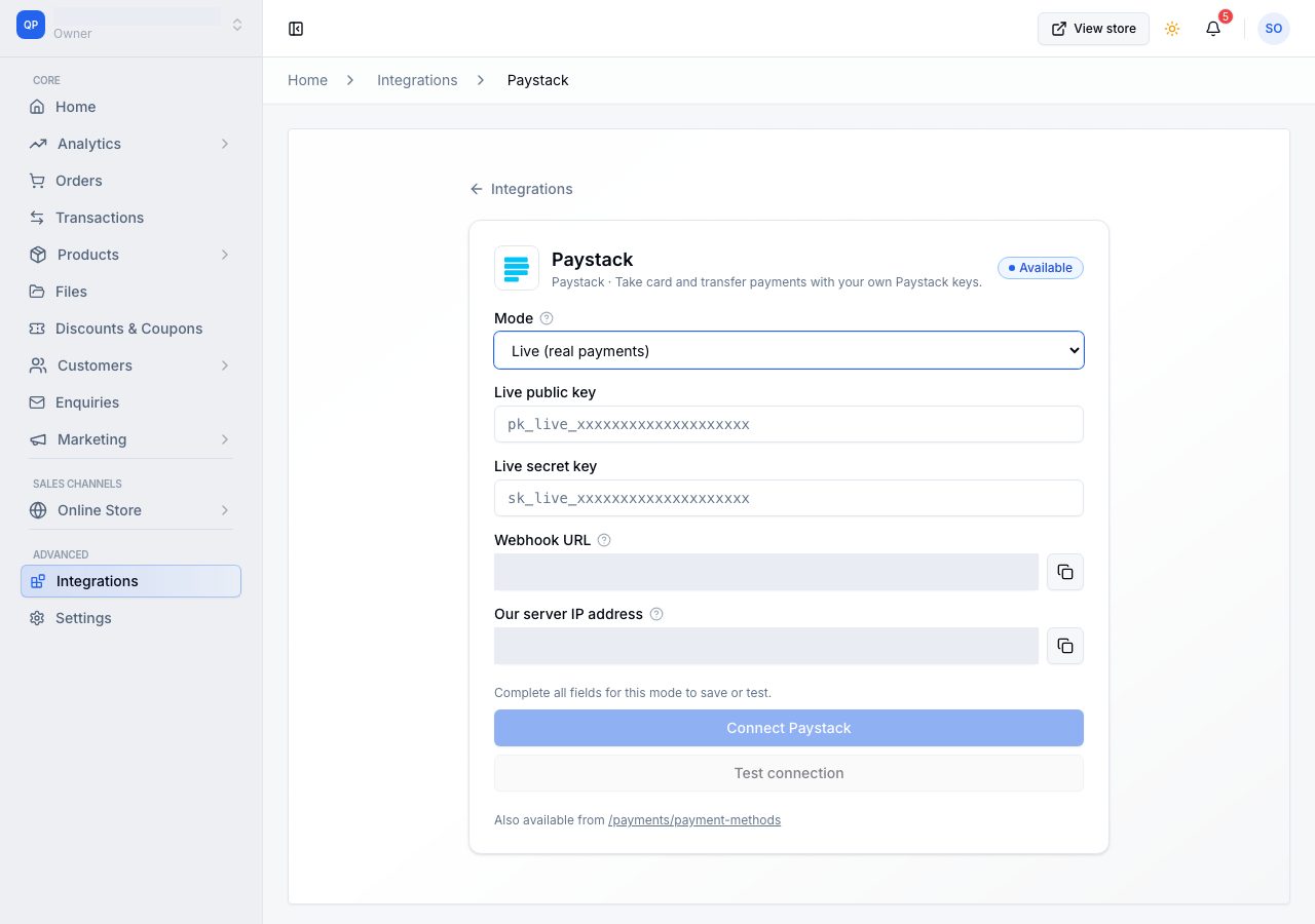 Mode open, showing Live real payments and Test sandbox no real money