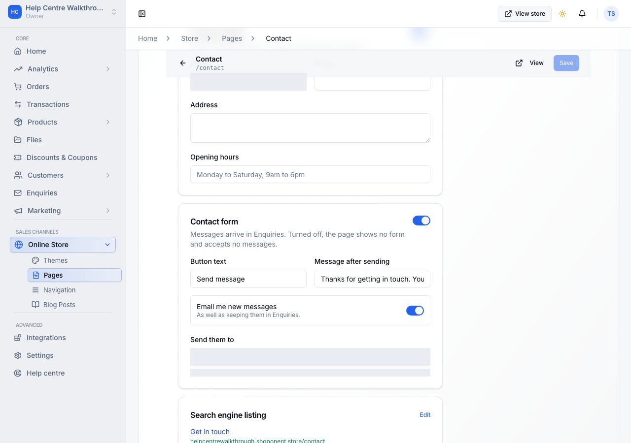 The Contact page's screen, with the Contact form card switched on and email notifications on