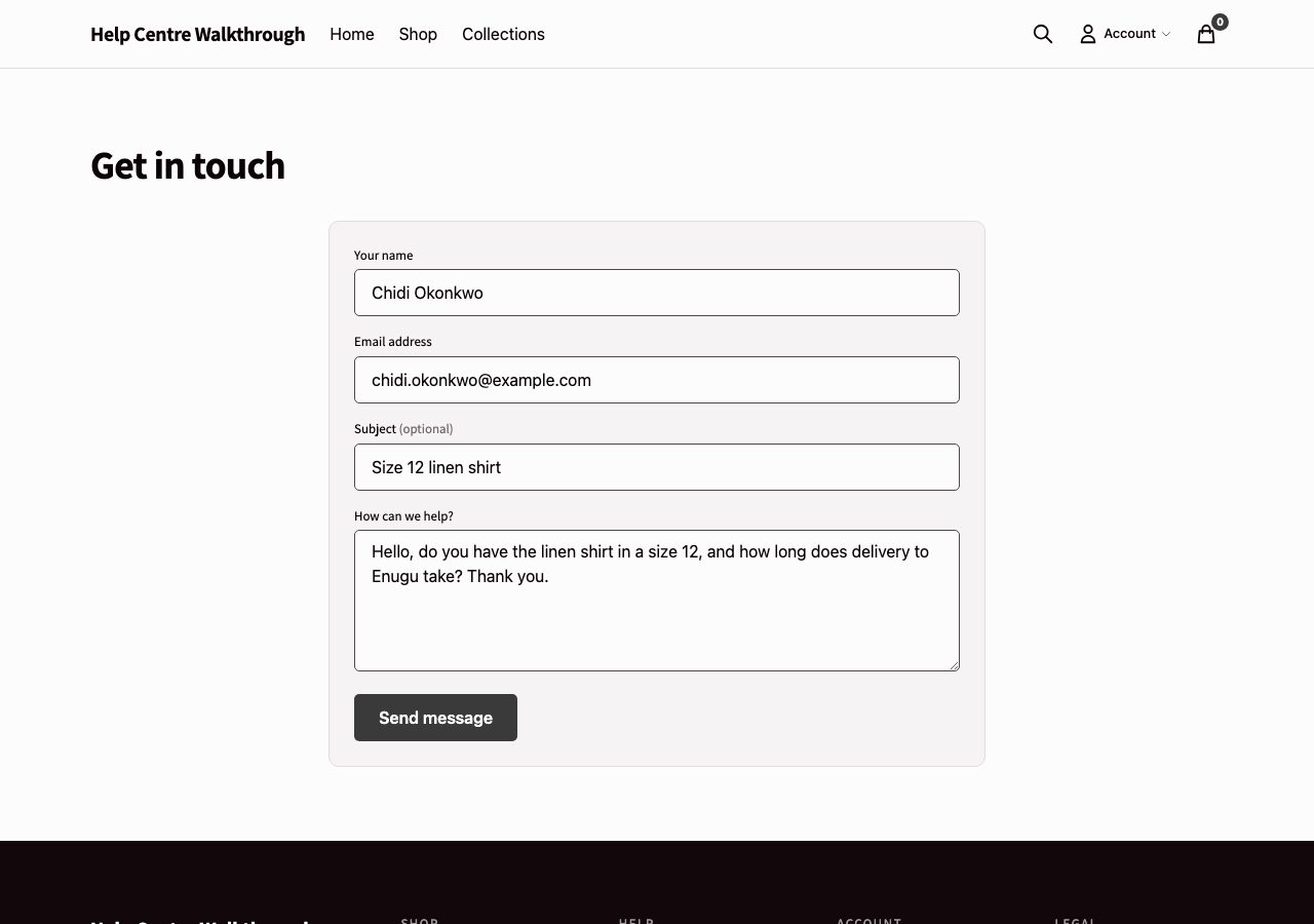 The Contact page on a storefront, filled in