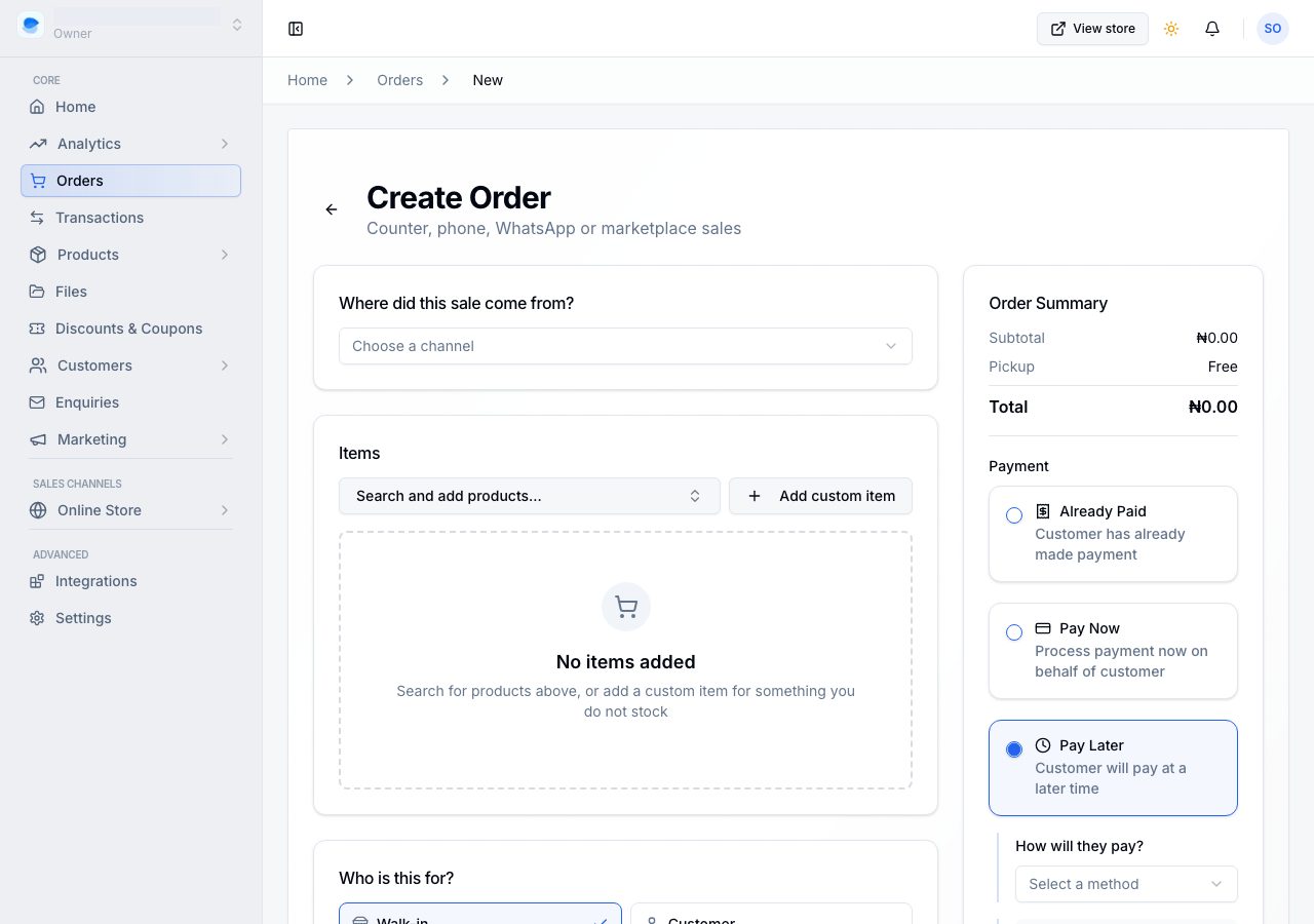 The Create Order form, empty